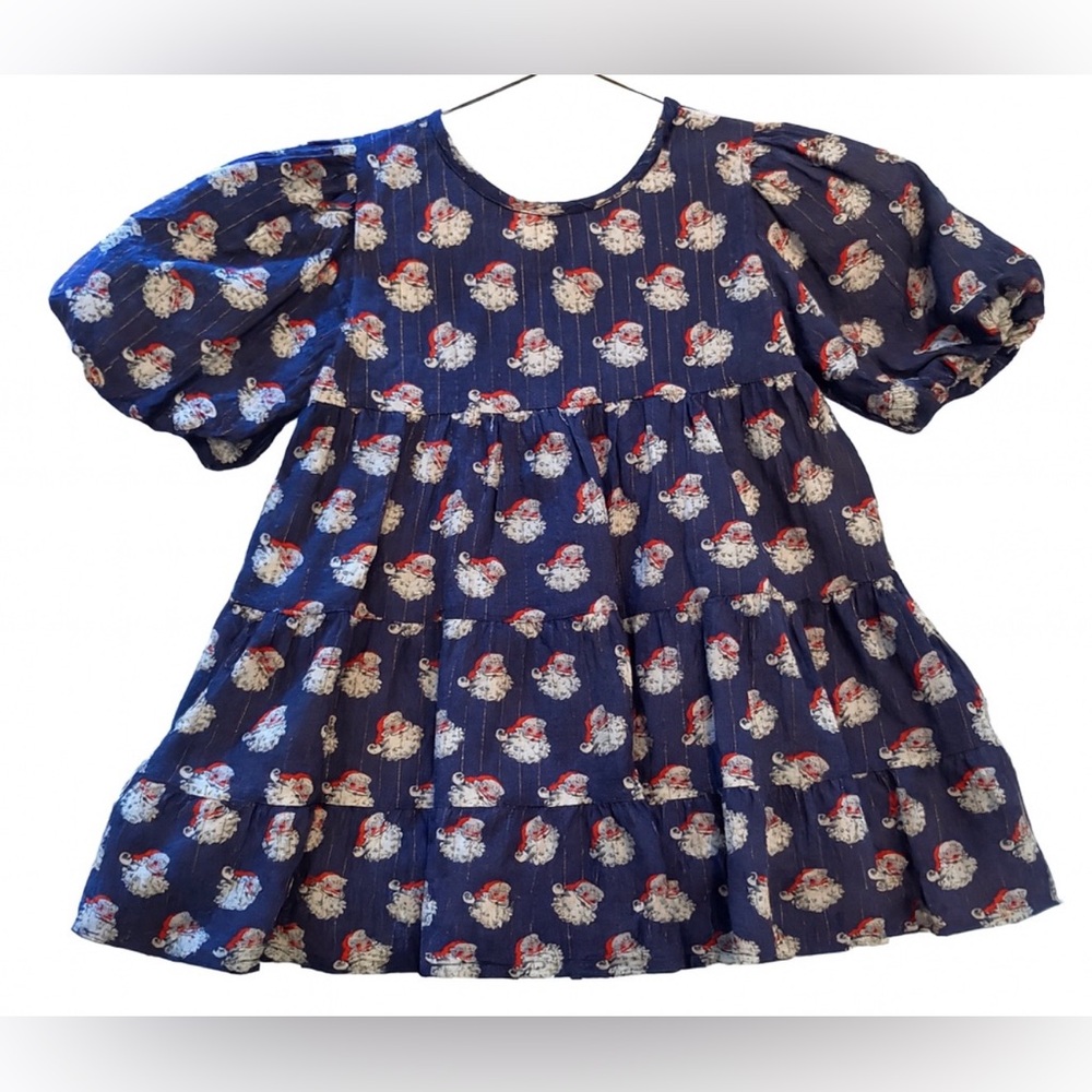 Smockingbird vintage Santa navy twirl dress with gold shimmer, 2T